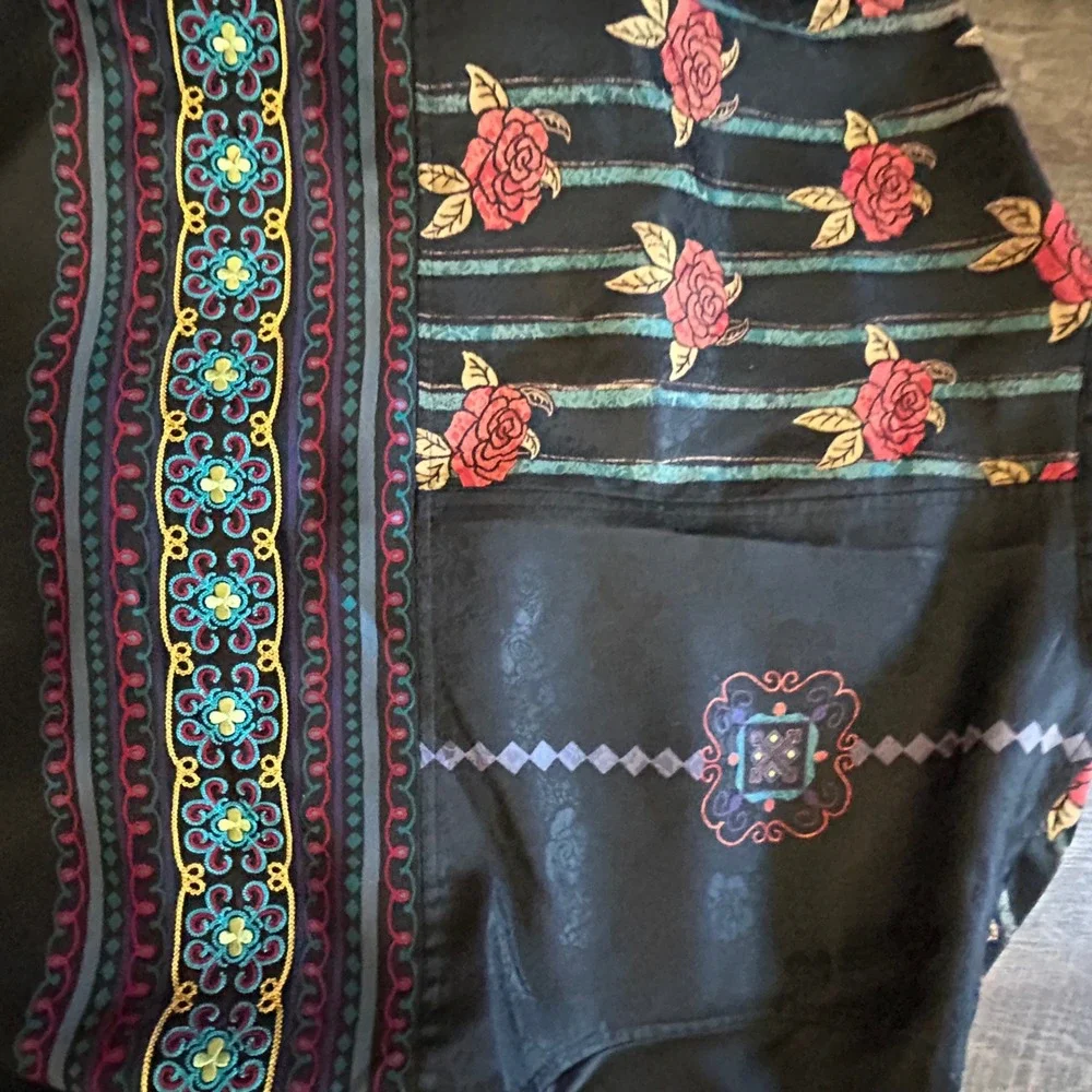 Chicos Design Vintage Silk Embroidered Jacquard Jacket Black Floral Boho Size 1